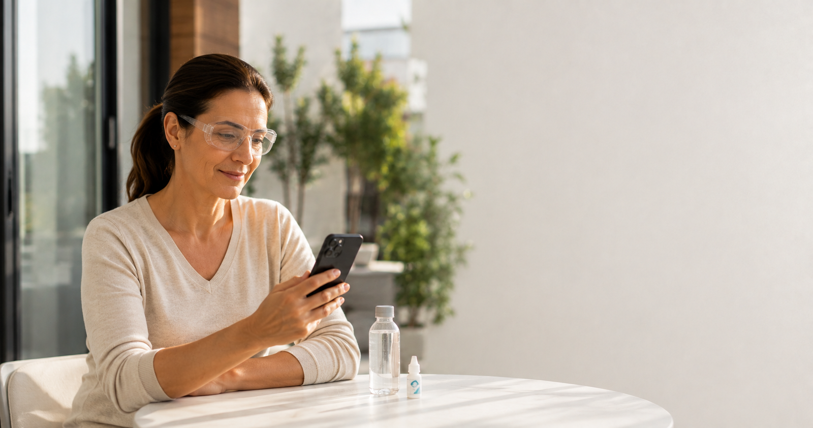Paciente em recuperação após cirurgia de catarata usando o celular com moderação